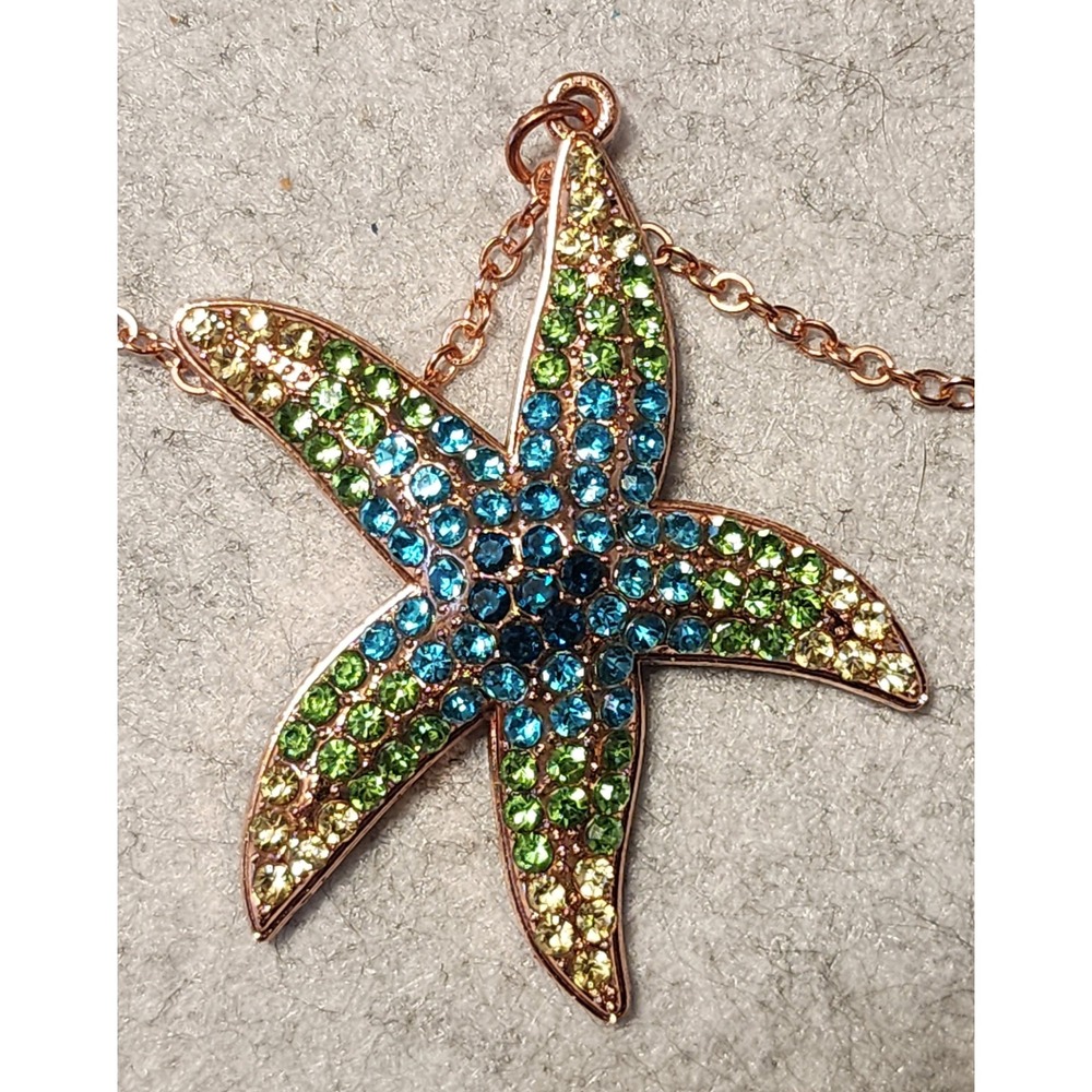 Starfish Pendant Necklace Rose Gold Tone Blue Green Rhinestone Nautical 27"